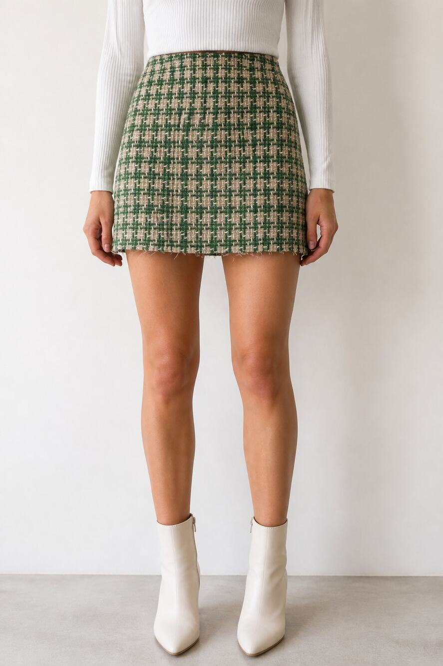 Princess Polly Green and Tan Tweed Mini Skirt US 4